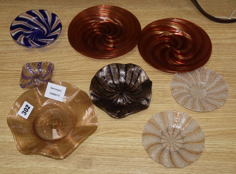 Eight various Murano aventurine and latticino glass dishes and bowls, largest diameter 18cm